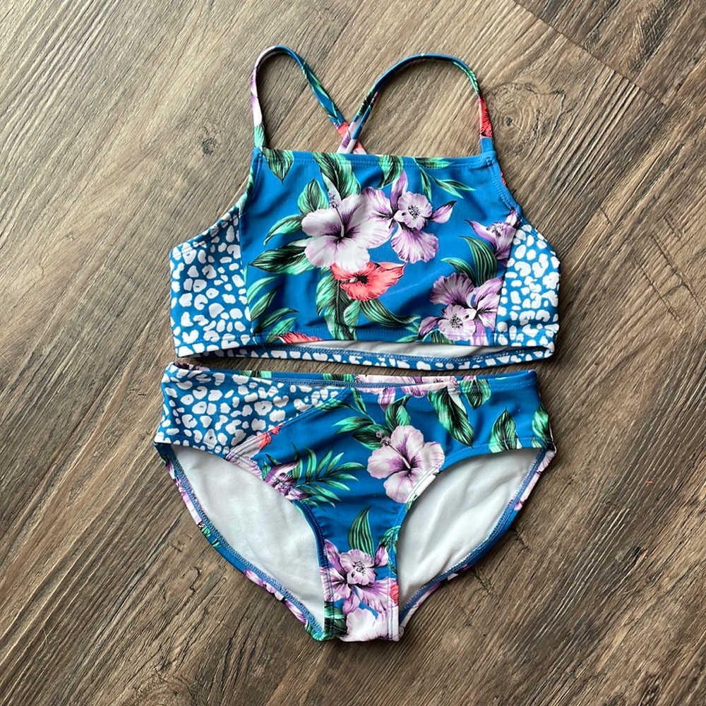 Blue tropical floral/cheetah print two-piece swimsuit